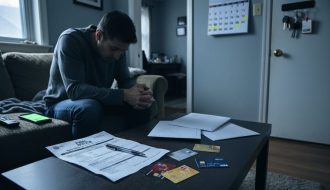 “Person sitting in a dim apartment living room near unpaid bills and scattered cards, with a softly glowing phone suggesting online gambling stress and housing instability.”