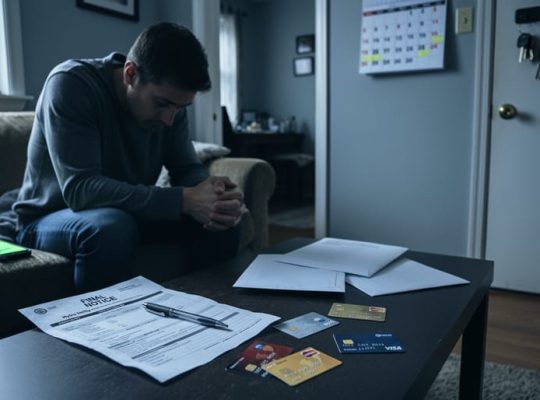 “Person sitting in a dim apartment living room near unpaid bills and scattered cards, with a softly glowing phone suggesting online gambling stress and housing instability.”
