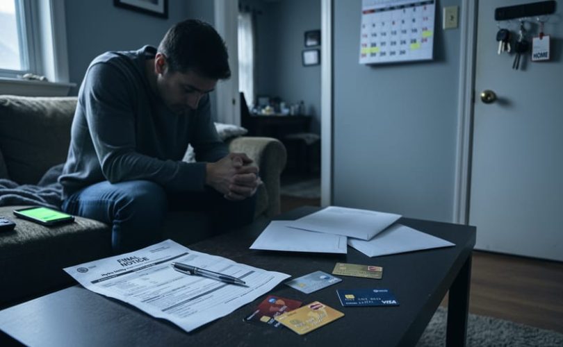 “Person sitting in a dim apartment living room near unpaid bills and scattered cards, with a softly glowing phone suggesting online gambling stress and housing instability.”