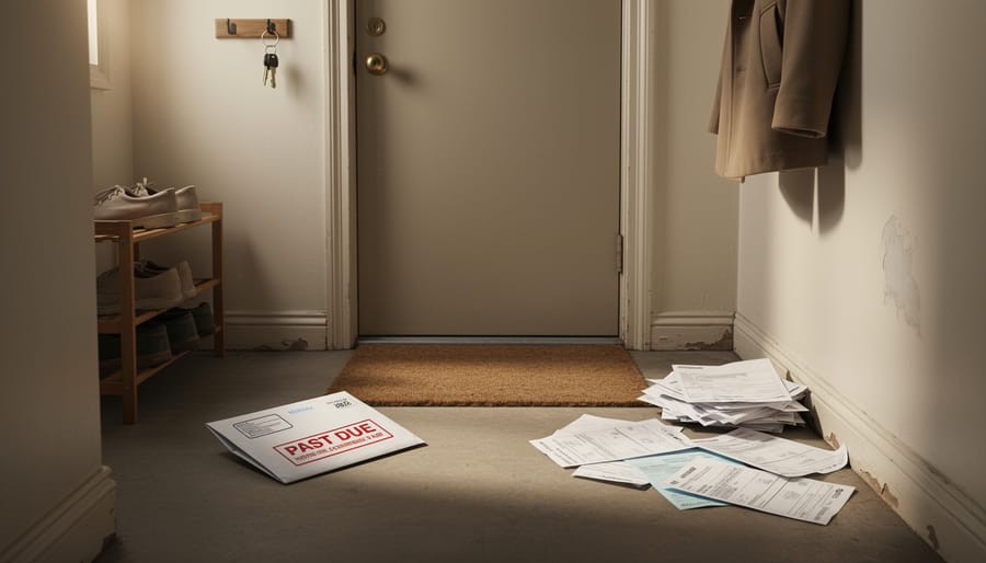Empty apartment doorway with a chair and a pile of unpaid envelopes on the floor