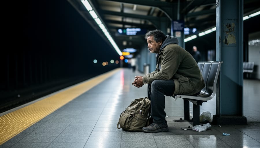 Person sitting alone on a night subway platform bench with warm overhead lighting